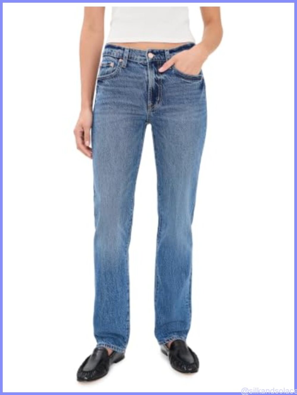 Mid Rise Straight Leg Long Jeans Low Stretch Denim 5-Pocket